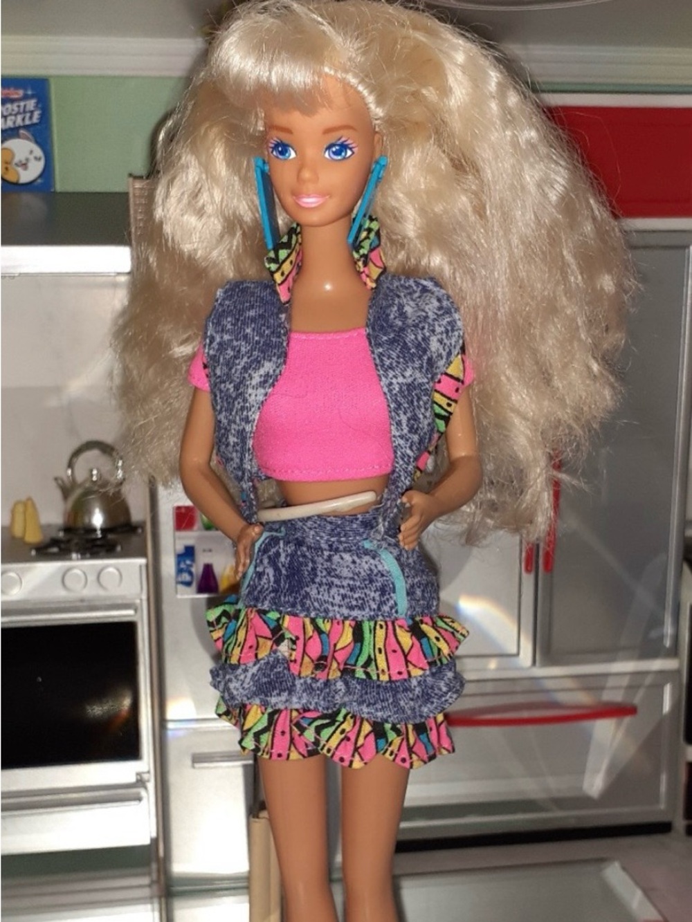 Mattel 80s early 90s Blonde Barbie Doll in Pink Top with Blue Denim Print Skirt